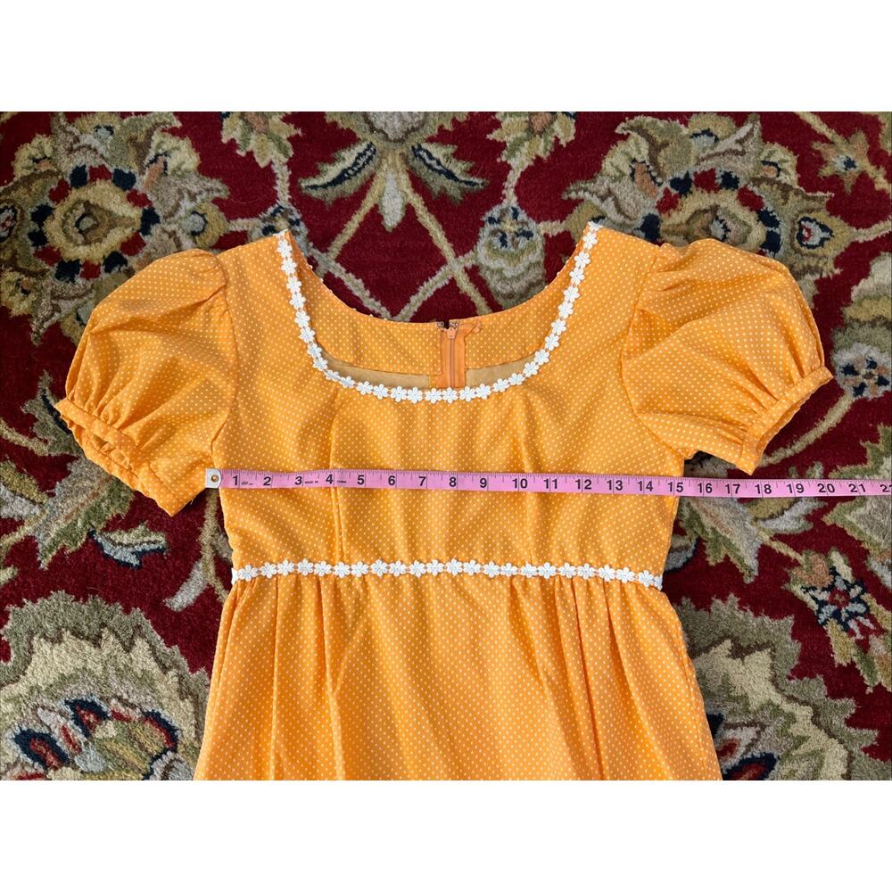 Vintage S 1960s 70s Handmade Apricot Bridesmaid Dress Polka Dot Daisy Retro Maxi - Picture 9 of 12